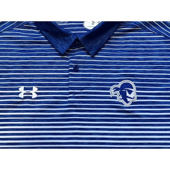 Seton Hall Pirates Under Armour Blue Stripe Polo Shirt Size Large Loose EUC - Picture 2 of 5